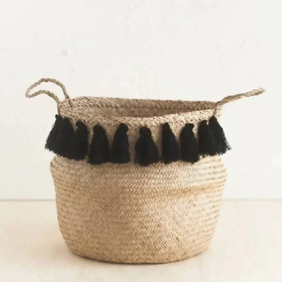 Black Tasseled Belly Basket - Set of 2